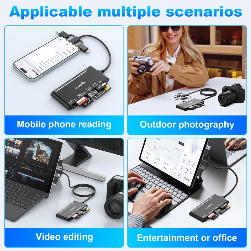 Rocketek 7 in 1 Multi Memory Card Reader USB C Lightning USB3.0 Multi Card Reader for SD TF CF XD MS,SD Card Reader Adapter for for iPhone/iPad/MacBook/Samsung/PC Plug and Play Simultaneously Read/Write 5Gbps - Image 5